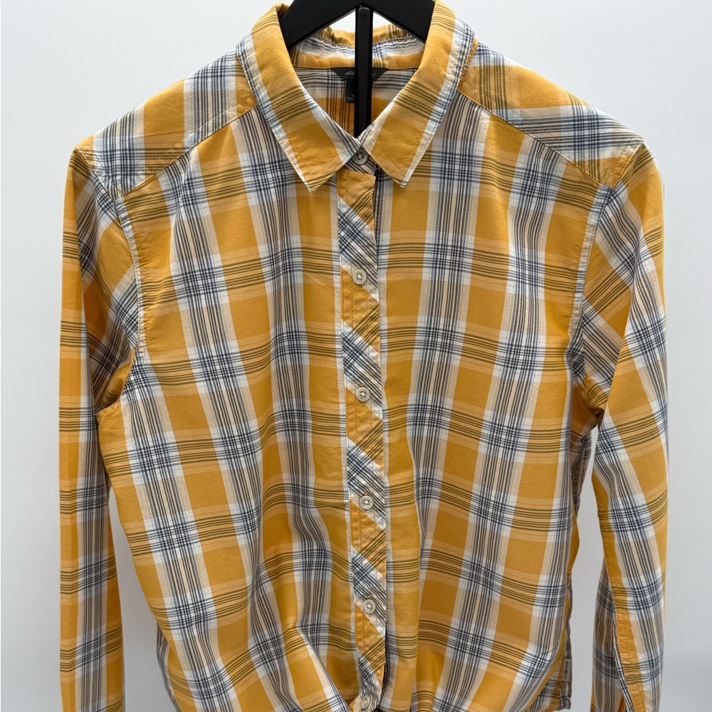 Eddie Bauer Yellow Plaid Tie Front Button Shirt Women Large